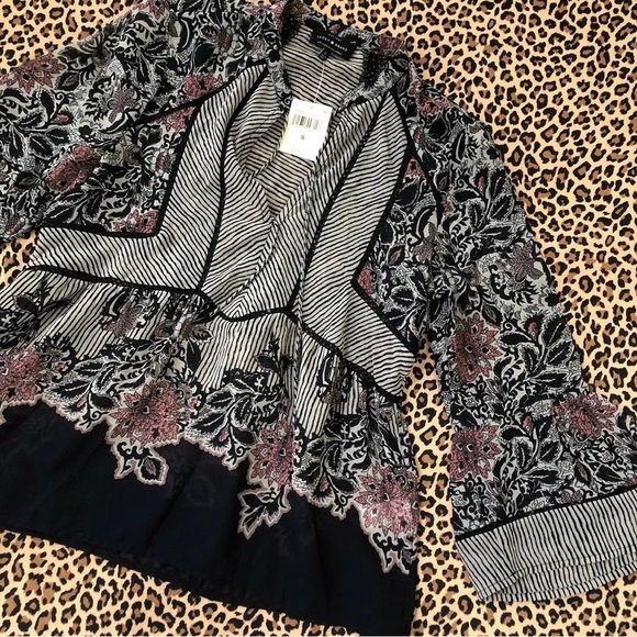 NWT Lucky Brand Blouse Mixed Print Blouse Boho 3/4th Bell Sleeve Floral Striped - Picture 7 of 10